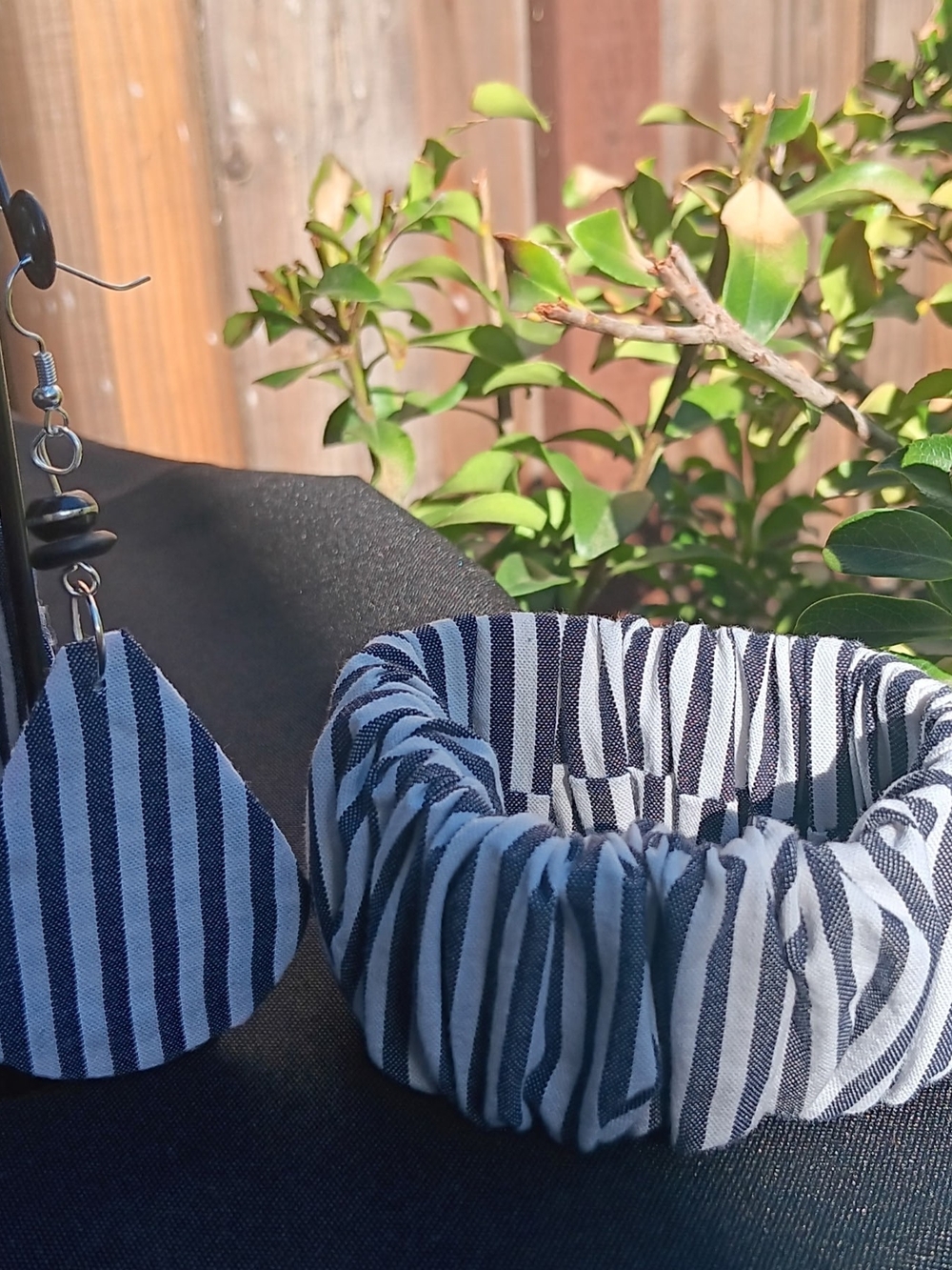 Striped Navy and White  Scrunchie and Earring Set